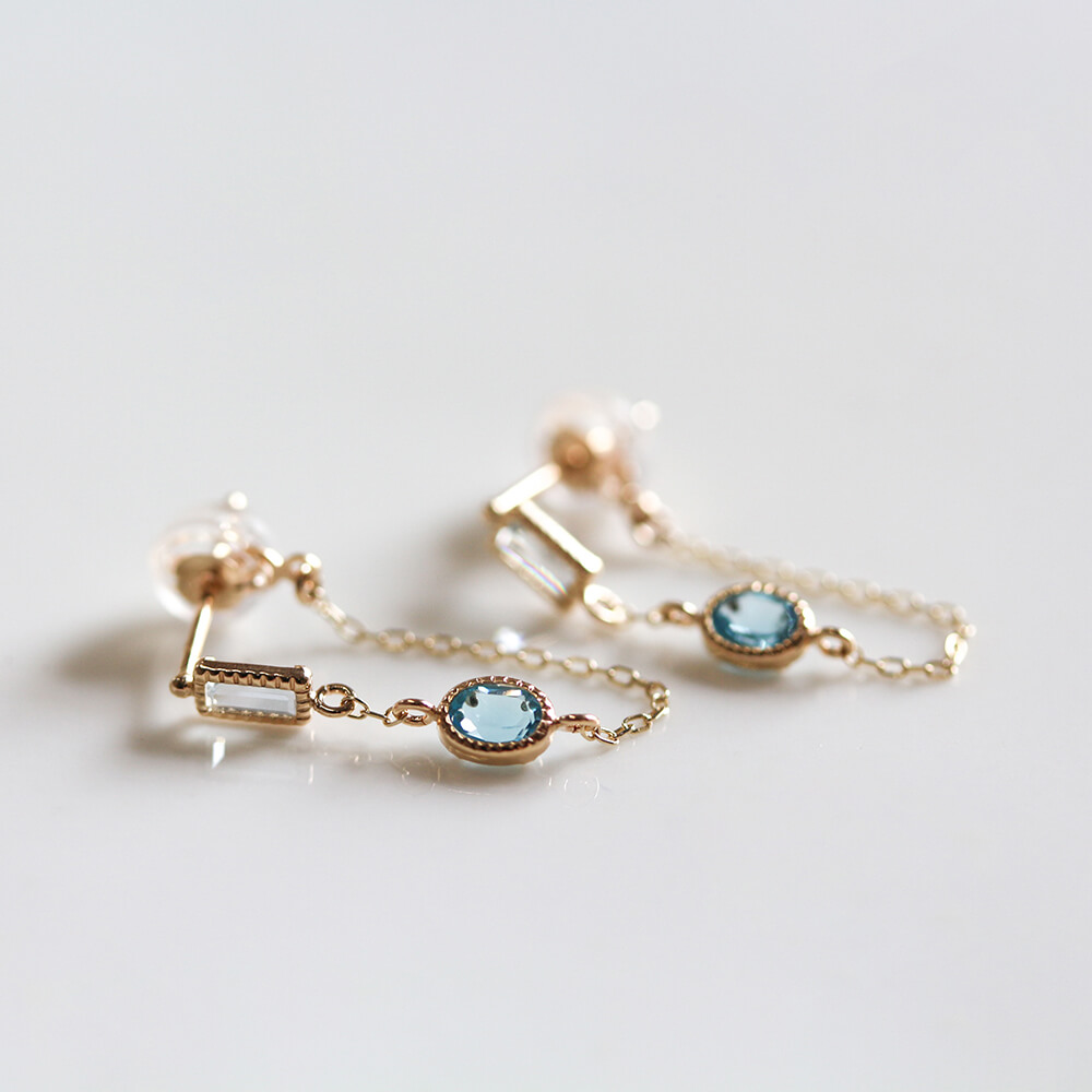 アクアマリン / ブルートパーズ チェーン フープ ピアス | K10YG